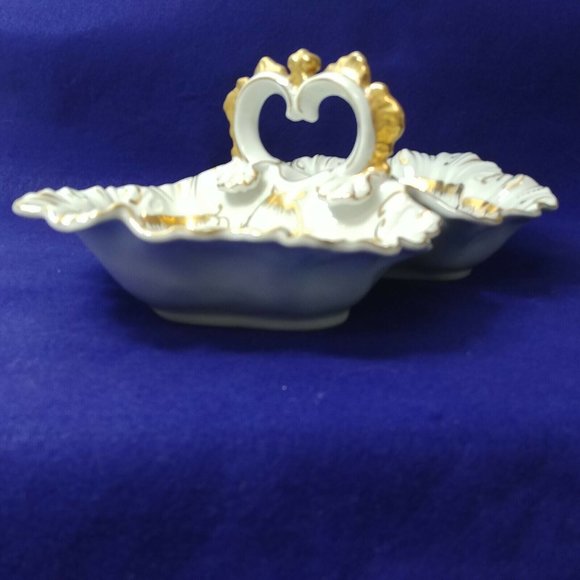 Divided Serving Dish w/ Center Handle Stamped #7608 Bright Gold Trim - Picture 6 of 12